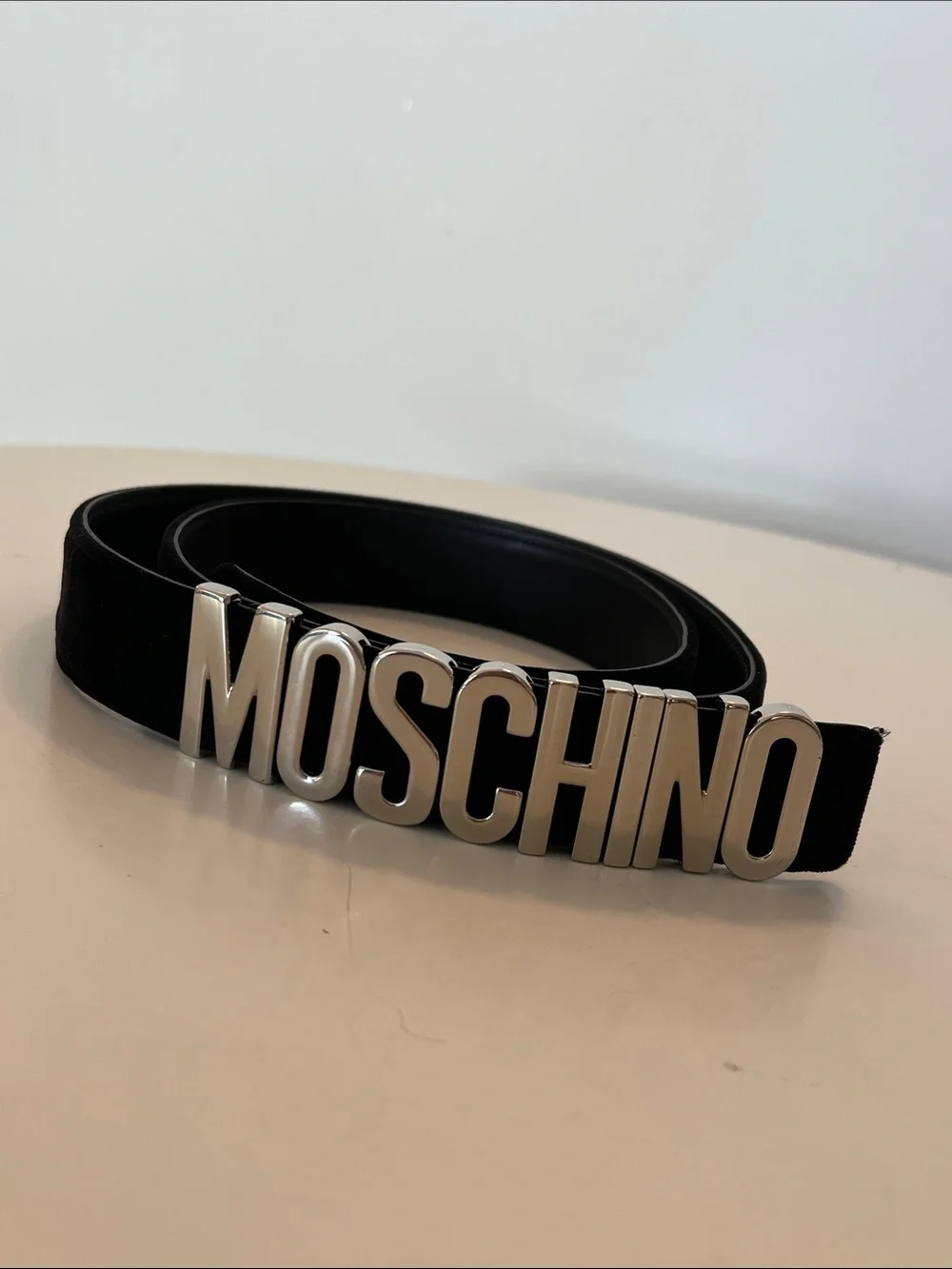 Moschino Black Belt with Silver Logo Hardware